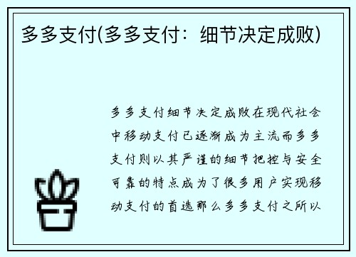 多多支付(多多支付：细节决定成败)